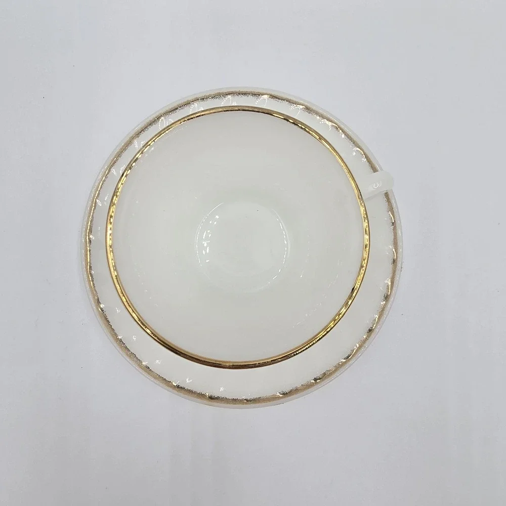 Fire-King Anchor Hocking White Swirl Milk Glass Tea Cup Saucer Gold‎ Rim